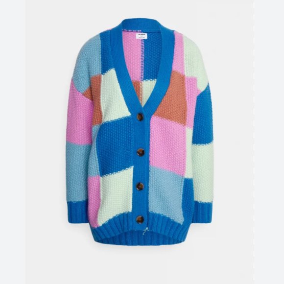 Cotton On Splice Colorful Square Patchwork V Neck Oversize Chunky Knit Cardigan - Picture 5 of 8